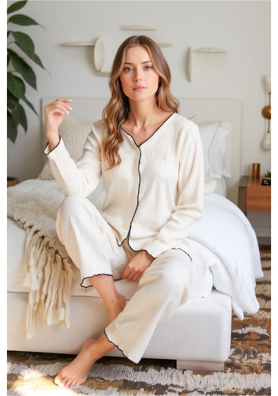 Bella Notte V Yaka Pamuklu Düğmeli Uzun Pijama Takımı Bej
