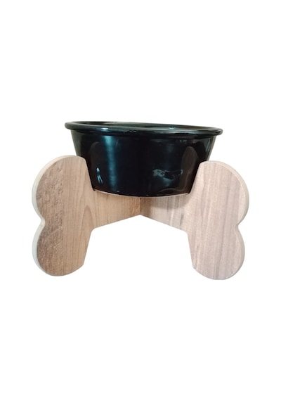 Seramik Kaseli Ahşap Ayaklı Tekli Büyük Irk Köpek Mama/su Stantı-1000 Ml.