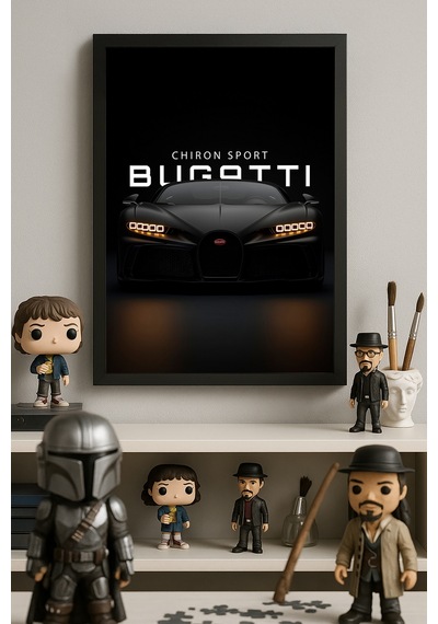 Bugattio Chiron Sport Siyah Ahşap Çerçeveli Poster, Dekoratif Araba Duvar Tablosu