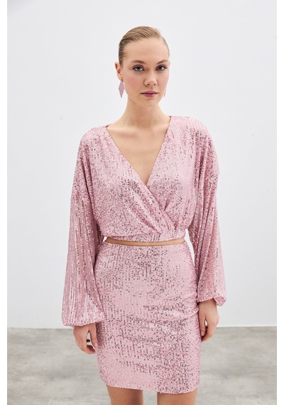 Sateen Payetli Kruvaze Bluz - Pudra-135412 Pudra