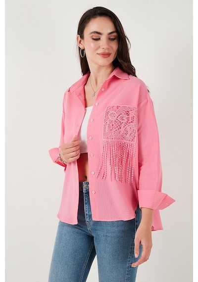 Lela Regular Fit Güpürlü Cep Detaylı Uzun Kollu Bayan Gömlek 6773215 Şeker Pembe