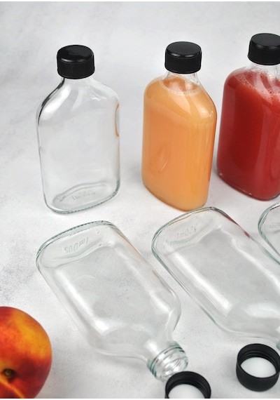 6'lı Sızdırmaz Siyah Kapaklı Cam Detoks Şişesi Cold Brew Yassı Şişe Seti - 200 Ml