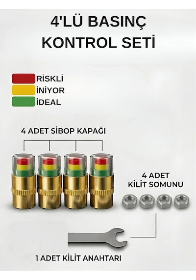 Beylini 4'lü Lastik Basınç Ölçerli Sibop Bisiklet Araba Motosiklet Tekerlek Hava Ölçer 2.4 Bar 35 Psı Set