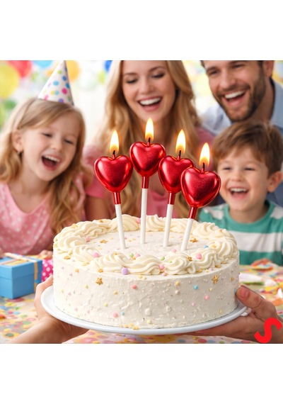 Çubuklu Metalik Kırmızı Kalp Mum - 13 Cm X 4 Adet