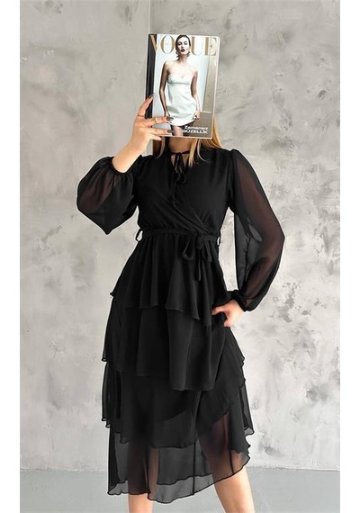 Dip Moda Kadın Astarlı Eteği Kat Kat Şifon Elbise Dpk2041 Siyah