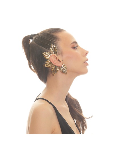 Kadın Altın Renk Lak Kaplama Zirkon Taşlı Yaprak Stilizesi Sağ Kulak Earcuff&kıkırdak Küpe Çok Renkli