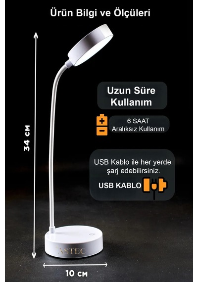 Astec Beyaz Bükülebilir 3 Renk Led Masa Çalışma Lambası Dimli Dayanıklı Silikon Tuşlu Usb'li Şarjlı