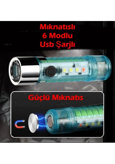 Gaman Ey023 10watt Ultra Güçlü 6mod Kırmızı İkaz Ledli Şarjlı El Feneri Mavi