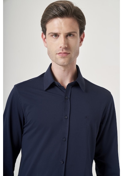 İmza Lacivert Tulum Yaka Uzun Kol Cepsiz Örme Slim Fit Pamuklu Gömlek 1004260208