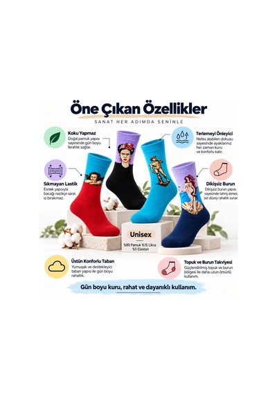 COJans Unisex Çorap Sanat Temalı Renkli 7'li Set Portre Tablo Desenli Uzun Soket Günlük Eğlenceli Çorap Şık Çok Renkli