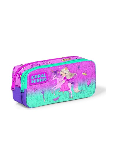 Coral High Kids Açık Pembe Mor Unicornlu Prenses Desenli İki Bölmeli Kalem Çantası 12054