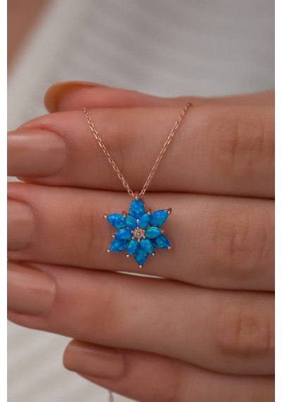 925 Ayar Mavi Opal Taşlı Gümüş Lotus Kolye