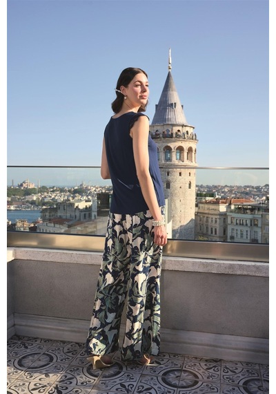 Monamise Kadın Yaprak Desenli Ve Dantelli 3'lü Pijama Takımı 24143 Lacivert