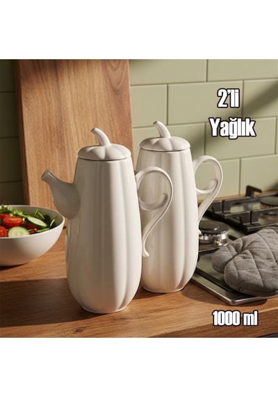 Porsima 17020 2li Pumpkin Porselen Çok Amaçlı Sunum Ve Servis Yağdanlığı Yağlık Sirkelik Yağdanlık 1000+1000 Ml Beyaz