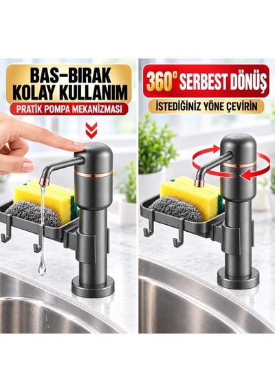 Valkyrie 2 Si 1 Arada Siyah Mutfak Sıvı Sabunluk Ve Süngerlik Seti Tezgah Üst Pompalı Dispenser 360