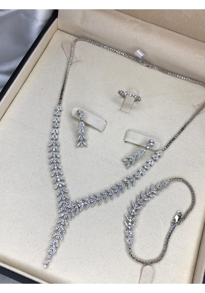 Kadın Gümüş Set - Bengi Zirconia Taşlı Su Yolu Set • Işıklı Kutuda • Düğün • Nişan • Gelin Seti