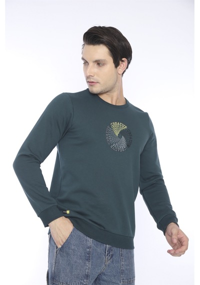 Escetic Erkek Spor Slimfit, Bisiklet Yaka Yeşil Sweatshirt-4266