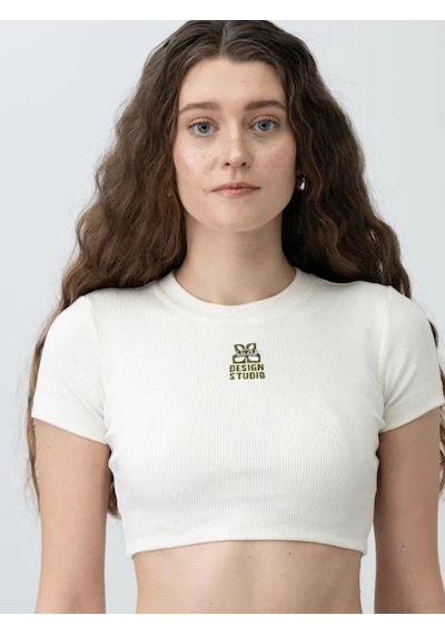 Zekids Kız Çocuk Fitilli Yarım Kollu Crop T-shirt-15799 Krem Yeşil