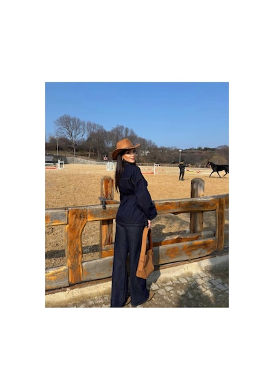 Belezastore Bağlamalı Lacivert Ceket Pantolon Denim Takım Lacivert Takım