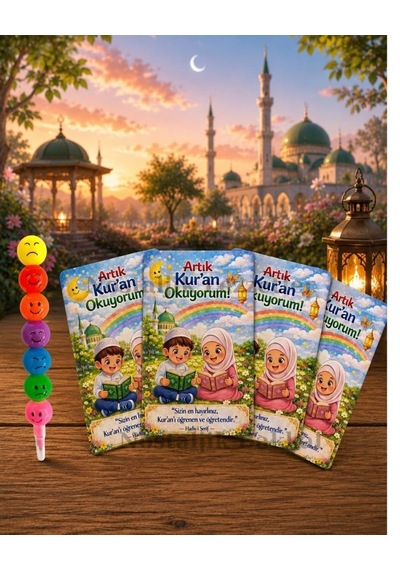 5 Set Kur'an Okuyorum Hediyesi Kur'an Kursu-hatim Töreni Hatırası Keçeli Renkli Kalem Tebrik Kartı Hediyeli