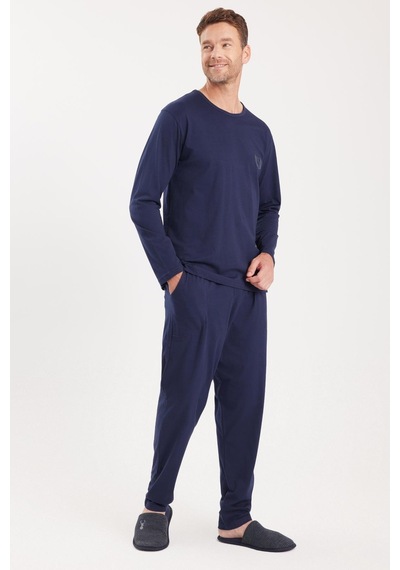 Tudors Erkek Standart Fit %100 Pamuk Bisiklet Yaka Beli Lastikli Lacivert Pijama Takımı-37935 Lacivert