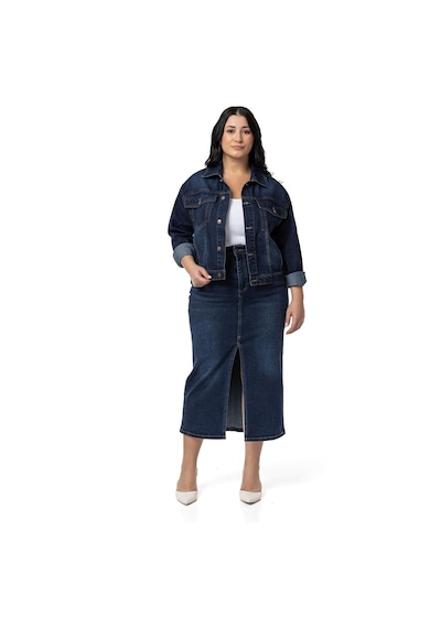 Disentis Büyük Beden Önden Yırtmaç Detaylı Beş Cepli Midi Denim Lacivert Etek-lacivert Lacivert