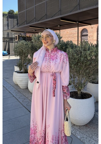 Riella Butik Çiçek Desenli Tesettür Elbise Pembe