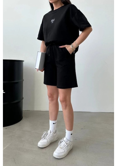 Ugly Baskılı Siyah Şort T-shirt Takım Oversize Bisiklet Yaka Tişört Takım Unisex Siyah