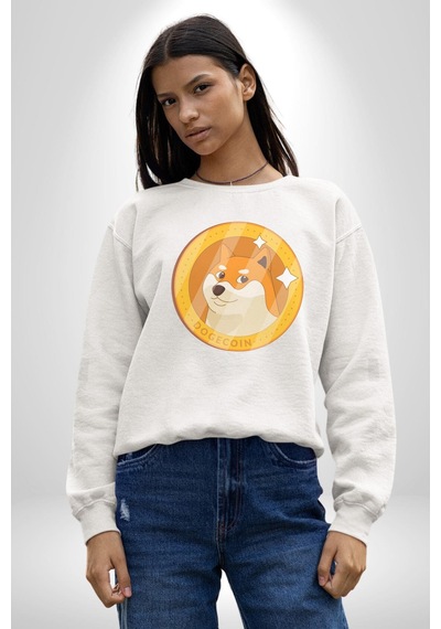 Doge Coin Unisex Beyaz Baskılı Sweatshirt Beyaz