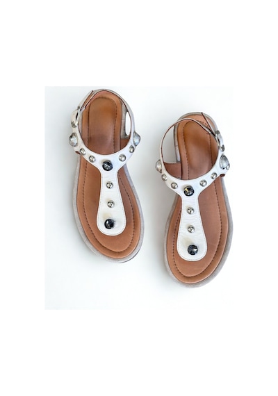 Ne&ve Shoes Bej Hakiki Deri Kadın Parmak Arası Taşlı Sandalet