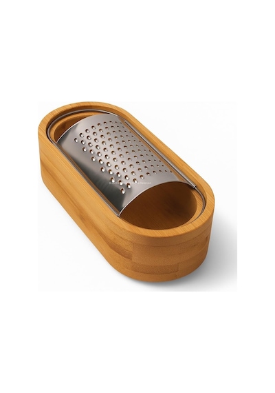 Ahşap Bambu Hazneli, Yatay Oval Metal Bombeli, Çok Amaçlı İnce Rende, 7 X 15,5 Cm, Peynir, Sarı Diğer