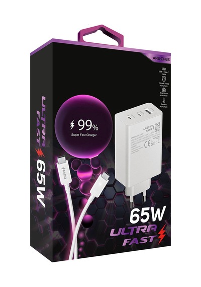 Zuidid CH65 65W 2 PD + 1 USB Çıkışlı Ultra Hızlı Şarj Cihazı + PD Kablo
