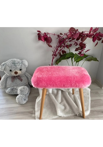 Ahşap Ayaklı Tedy Kumaş Dekoratif Puf Bench Makyaj Sandalyesi Oval Pembe