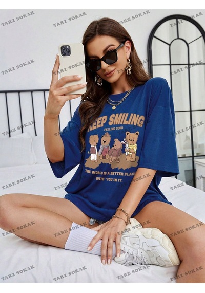 Flood Of Style Unisex Bay Ayı Ve Slogan Grafikli Düşük Omuz Tişört Kod-1339 Mavi