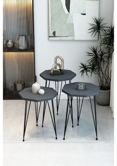 3'lü Sekizgen Zigon Sehpa Seti - Siyah Metal Ayaklı, Modern & Şık Yan Sehpa, Dayanıklı Salon Ofis Antrasit