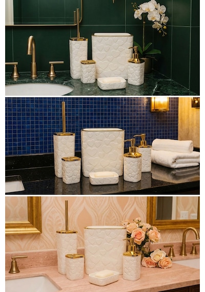 Makri Home 5 Parça Banyo Seti, Kalp Desenli, Beyaz Gold, Kare, Click Kapaklı, Hacim: 8 Litre Altın - Beyaz