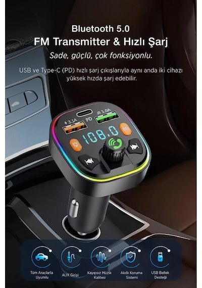 Bluetooth Araç Çakmaklık Fm Transmitter Işıklı Mp3 Çalar Type-c Hızlı Şarj Araç Şarj Cihazı