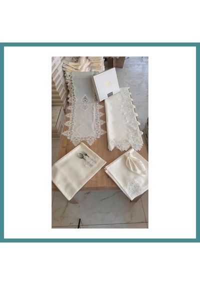 Trendexa Sofra Takımı Mimoza Gardenya Keten Yemek Takımı 160x220 Masa Seti 26 Parça Runner Set Krem Mac