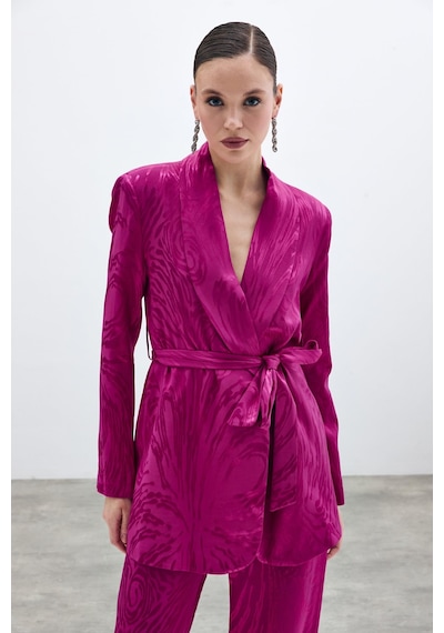 Sateen Kuşaklı Desenli Uzun Ceket - Fuşya-135679 Fuşya