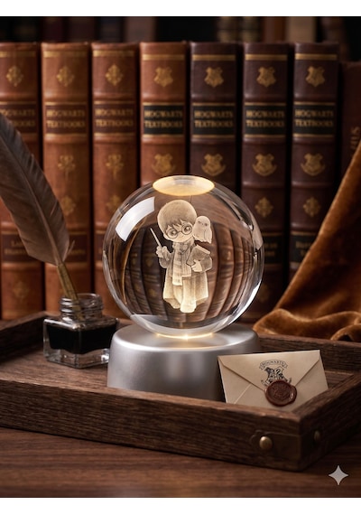 3D Lazer İşlemeli Harry Potter Kristal Küre Lamba - Hologram , Hediyelik