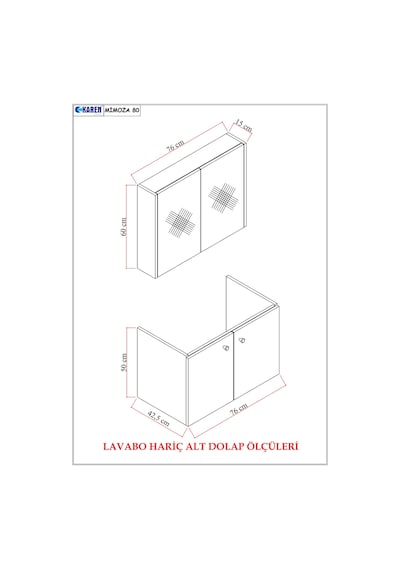Karen Banyo Mimoza 80 Cm Seramik Lavabolu, Aynalı Banyo Dolabı Seti Lavabo Dahil Komple MDF