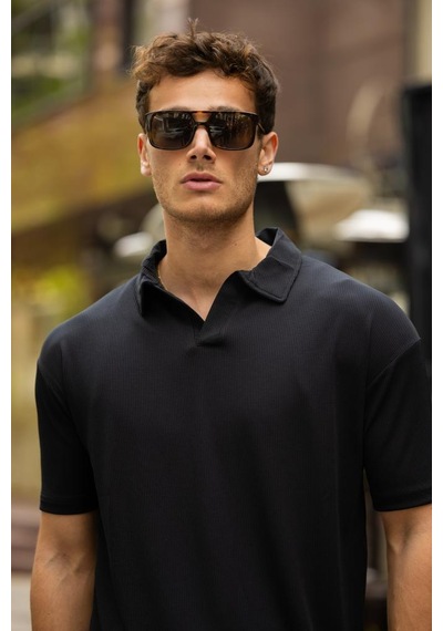 Glasses V Yaka Oversize Fitilli T-shirt - Siyah Siyah