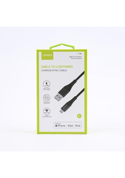 Omars MFI Sertifikalı USB to Lightning Apple Uyumlu iPhone / iPad Hızlı Şarj ve Data Kablosu 1 Metre Siyah