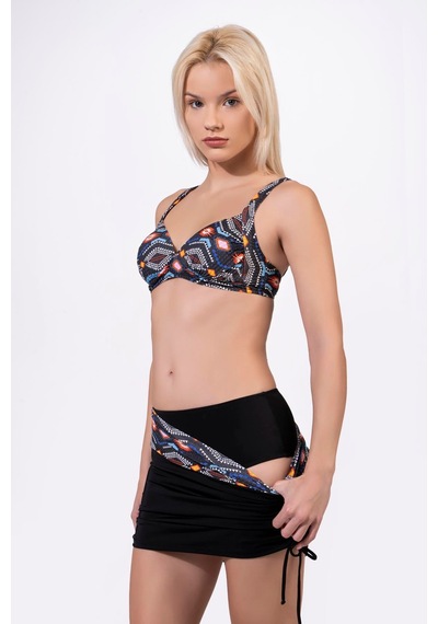 Endeep Kadın Geometrik Dokulu Desenli Toparlayıcı Etekli Bikini Takımı Siyah