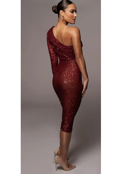 Hanife Glam Couture Hanife Glam Pulpayet Işlemeli Tek Kollu Midi Elbise Bordo