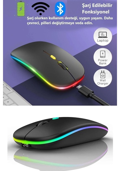 Renkli Led Şarjlı Bluetooth + 2.4g Kablosuz Mouse Çift Mod