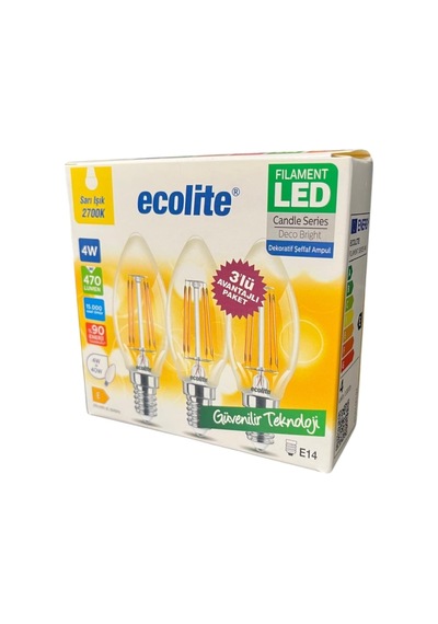 Ecolite 4w Led Filament Mum Ampul, E14 Duy, 2700k Sarı Işık, 470 Lümen, Şeffaf Cam, Akkor Görün Standart