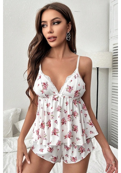 Merry See İnce Askılı Çiçekli Dantel Detay Şortlu Pijama Takım Gecelik Beyaz