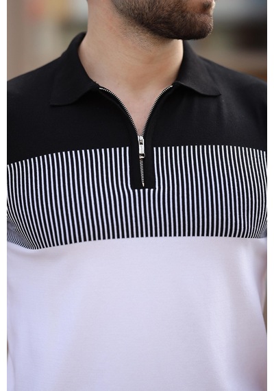 Madmext Beyaz Renk Bloklu Polo Yaka Triko Erkek T-shirt E7409 Beyaz