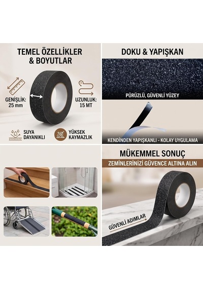 Kaydırmaz Bant Siyah, Kendinden Yapışkanlı, Suya Dayanıklı Merdiven Ve Zemin Güvenlik Bandı Pürüzlü Yüzey 25mm X 15mt Diğer